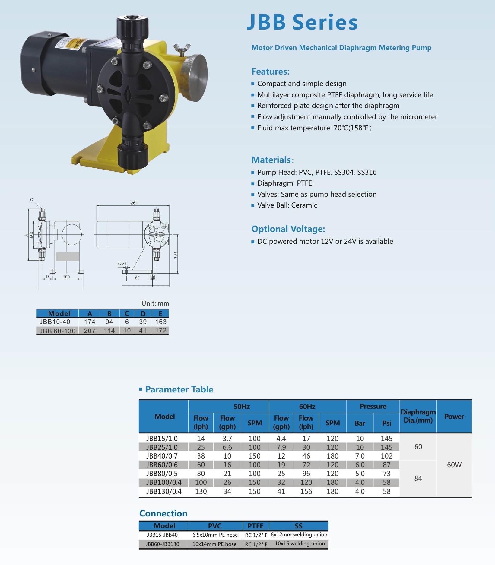 Pompa Dosing JBB Mechanical Diaphragm Metering Pump 25 LPH 10 Bar - SS-316 - 6x12mm - Image 2